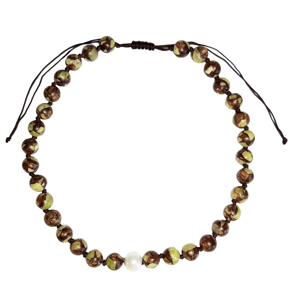 bronzite peridot & pearl cord necklace