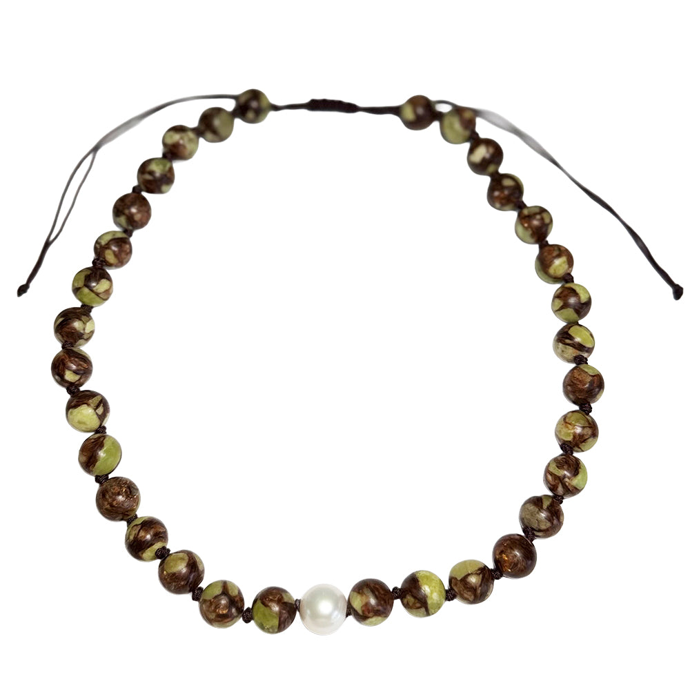 bronzite peridot & pearl cord necklace