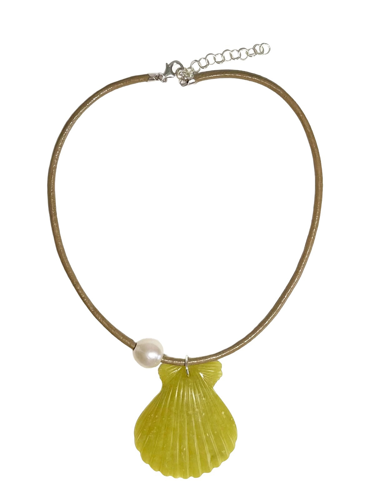 carved seashell, pearl & leather cord necklace