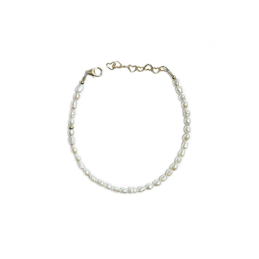 White Rice Pearls & Heart Chain Bracelet