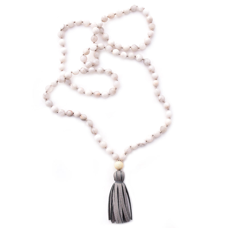 white agate & leather tassel