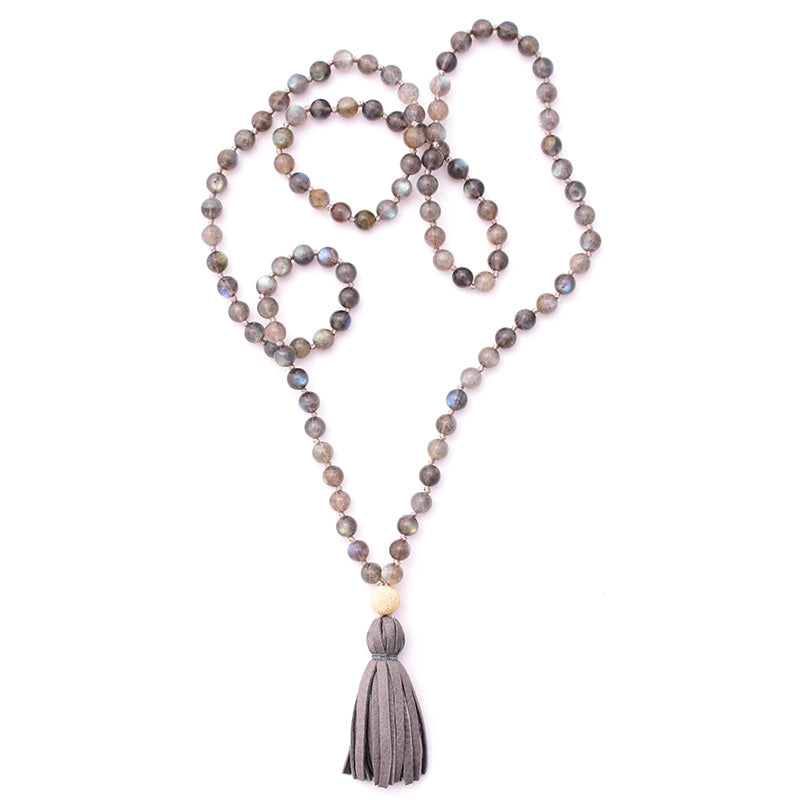 labradorite & leather tassel