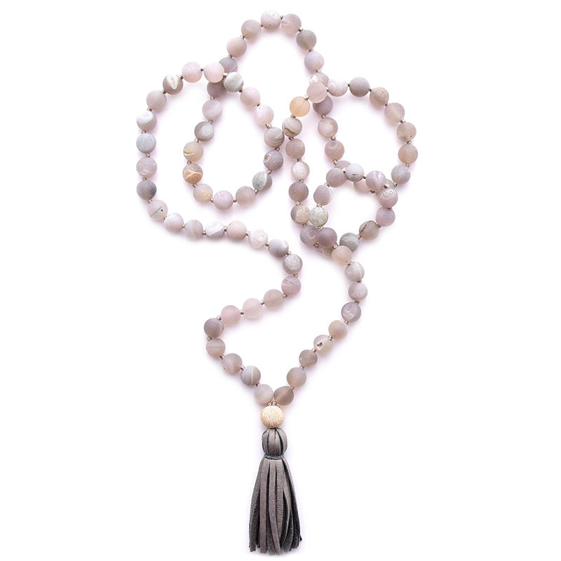 matte gray druzy agate & leather tassel