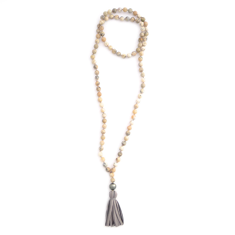 knotted african opal, tahitian pearl & tassel
