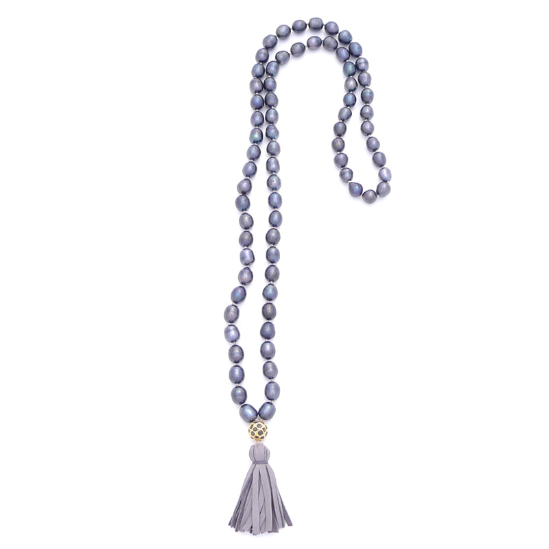 knotted dark gray pearls & tassel
