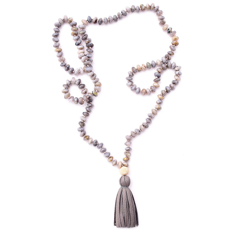 bamboo agate & leather tassel