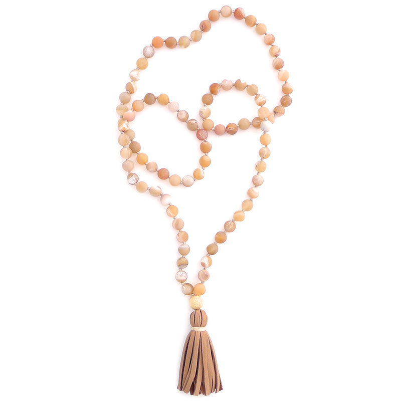 knotted matte peach agate & tassel