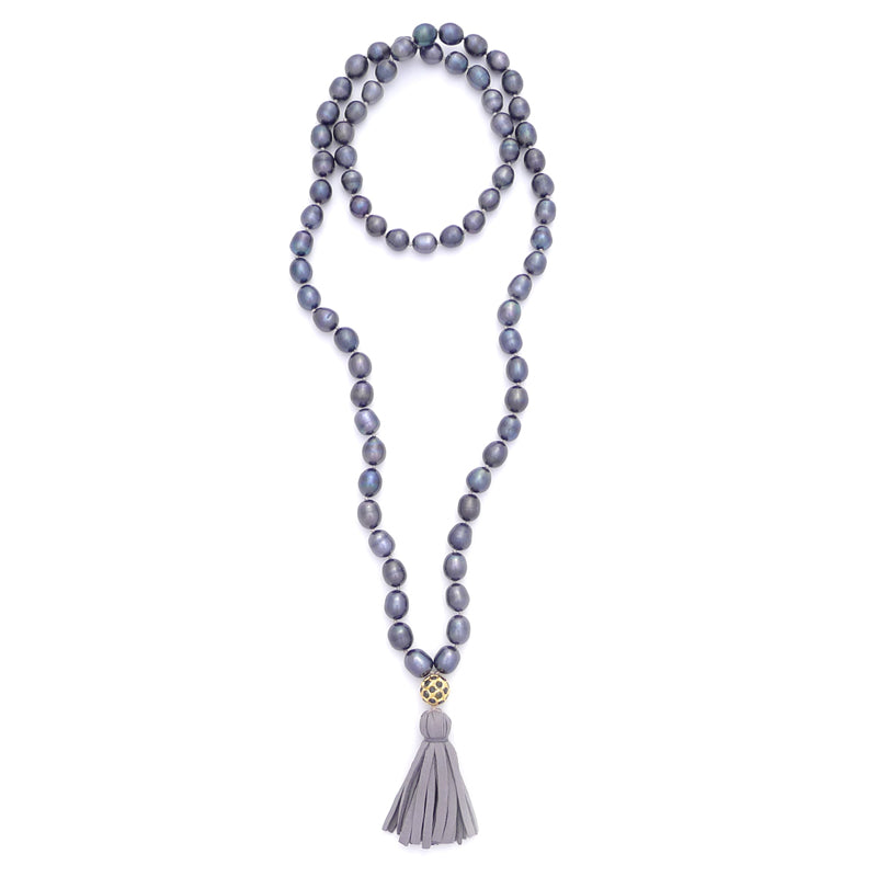 knotted dark gray pearls & tassel