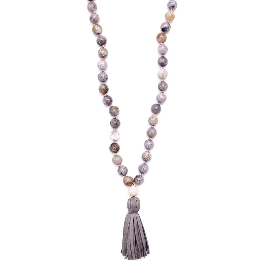 flower agate & leather tassel