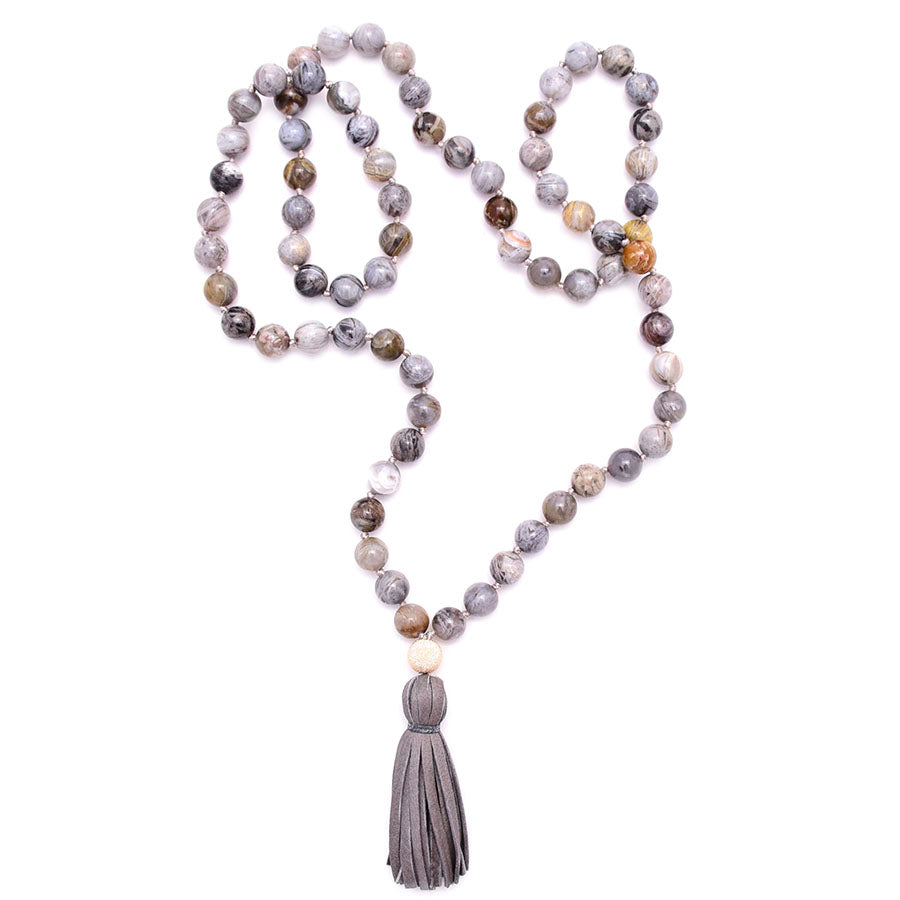 flower agate & leather tassel