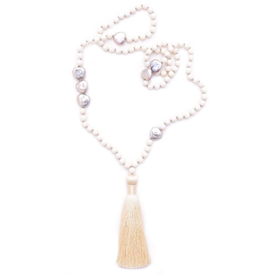 coral, baroque pearl hearts & silky tassel