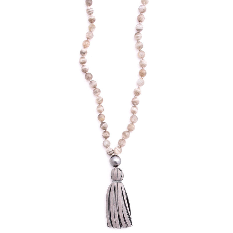 moonstone, tahitian pearl & leather tassel