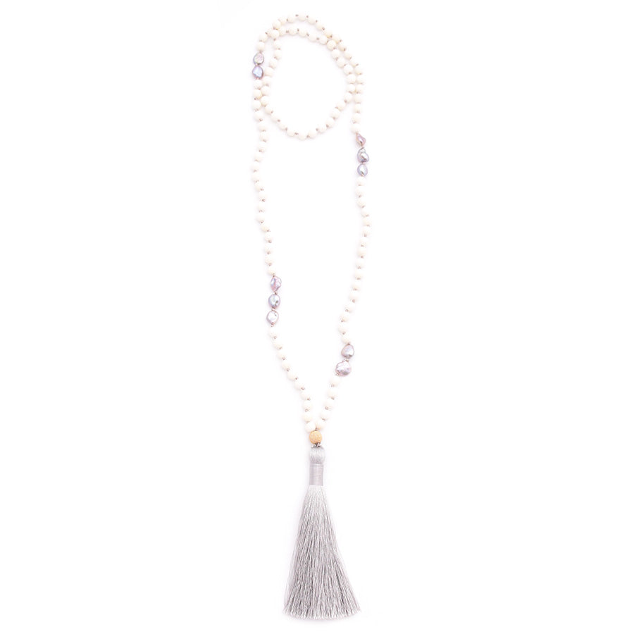 coral, keshi pearls & silky tassel