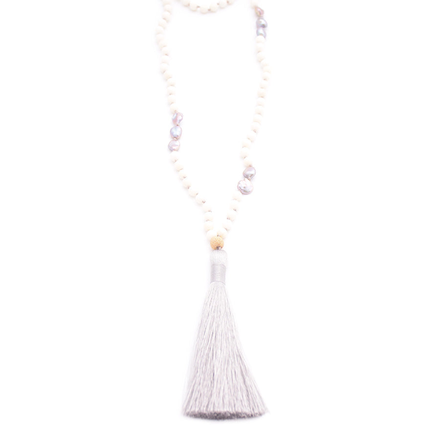 coral, keshi pearls & silky tassel