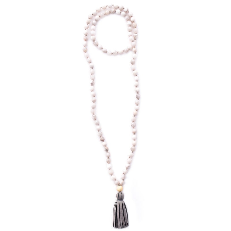 white agate & leather tassel