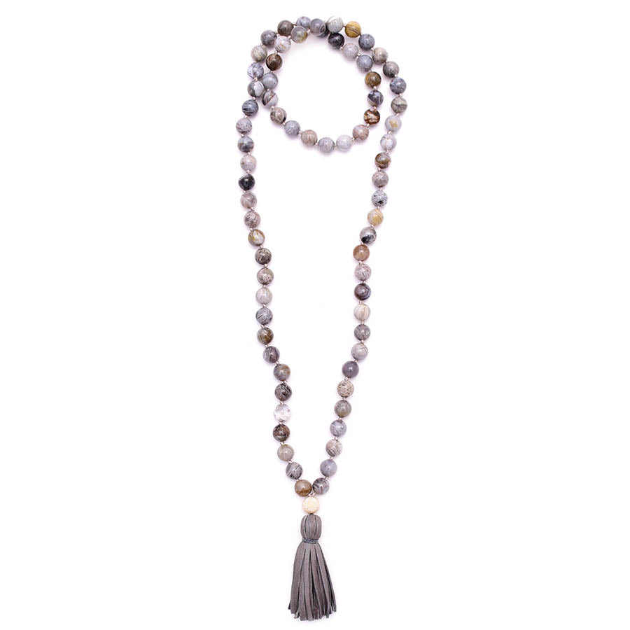 flower agate & leather tassel