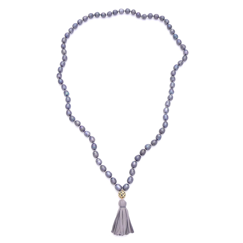 knotted dark gray pearls & tassel
