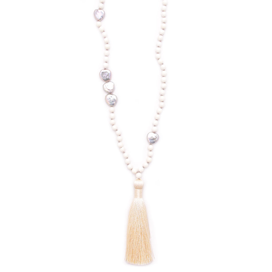 coral, baroque pearl hearts & silky tassel