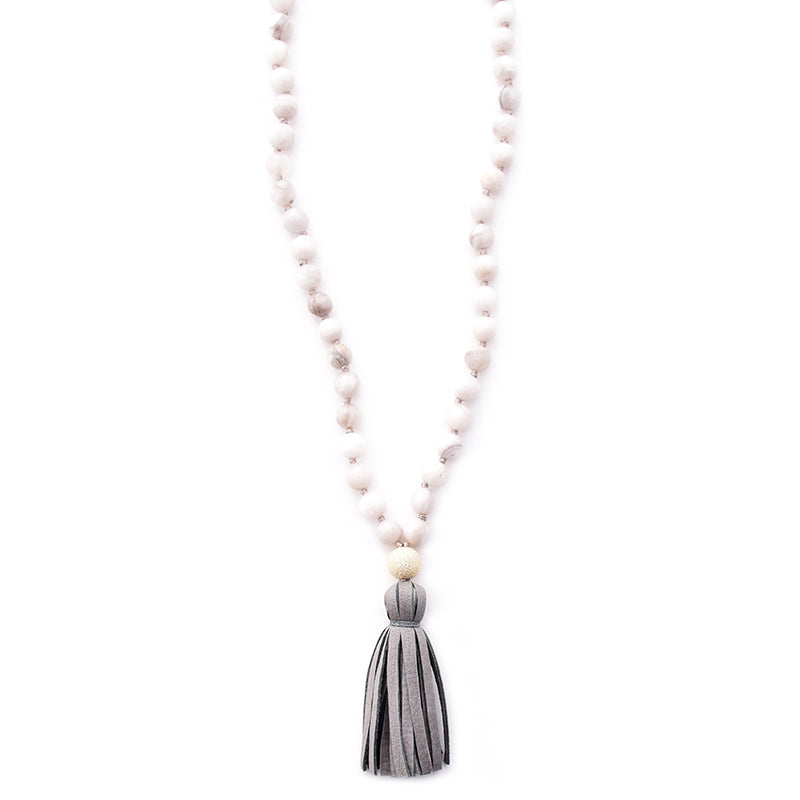 white agate & leather tassel