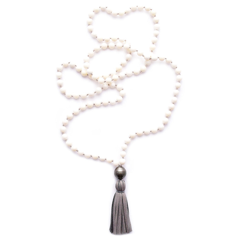 coral, tahitian pearl & leather tassel