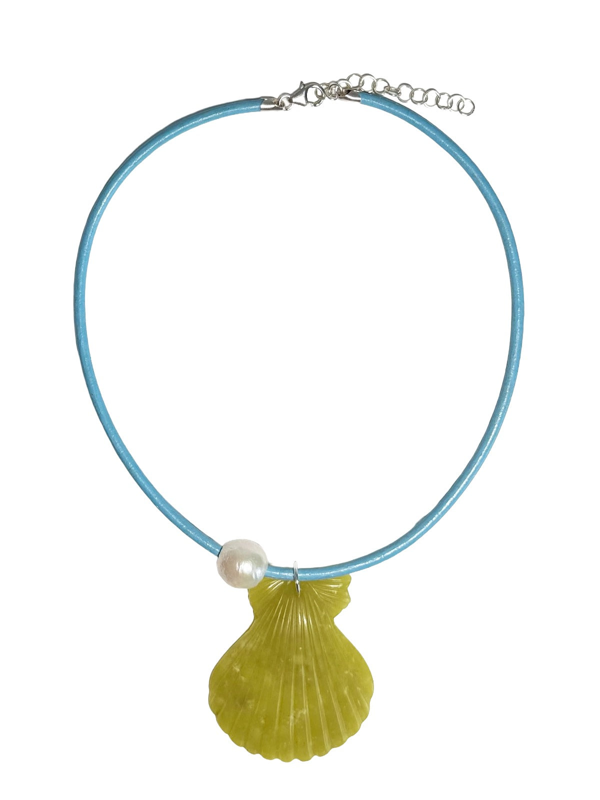 carved seashell, pearl & leather cord necklace