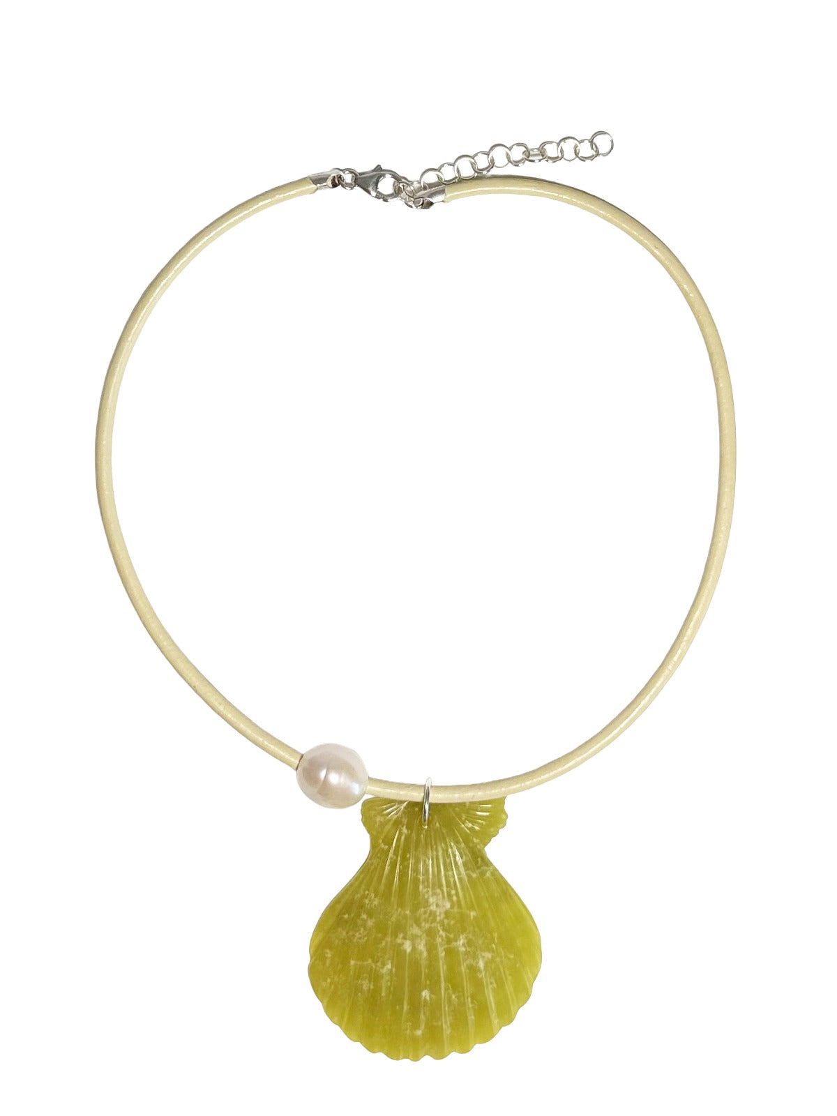 carved seashell, pearl & leather cord necklace