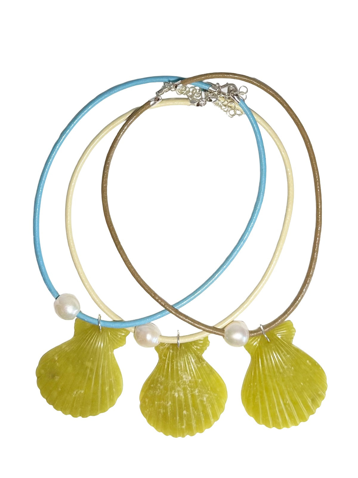 carved seashell, pearl & leather cord necklace