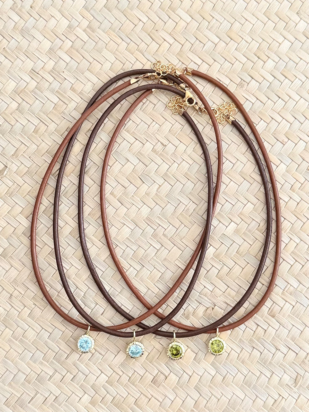 bezel gemstone & leather cord necklace