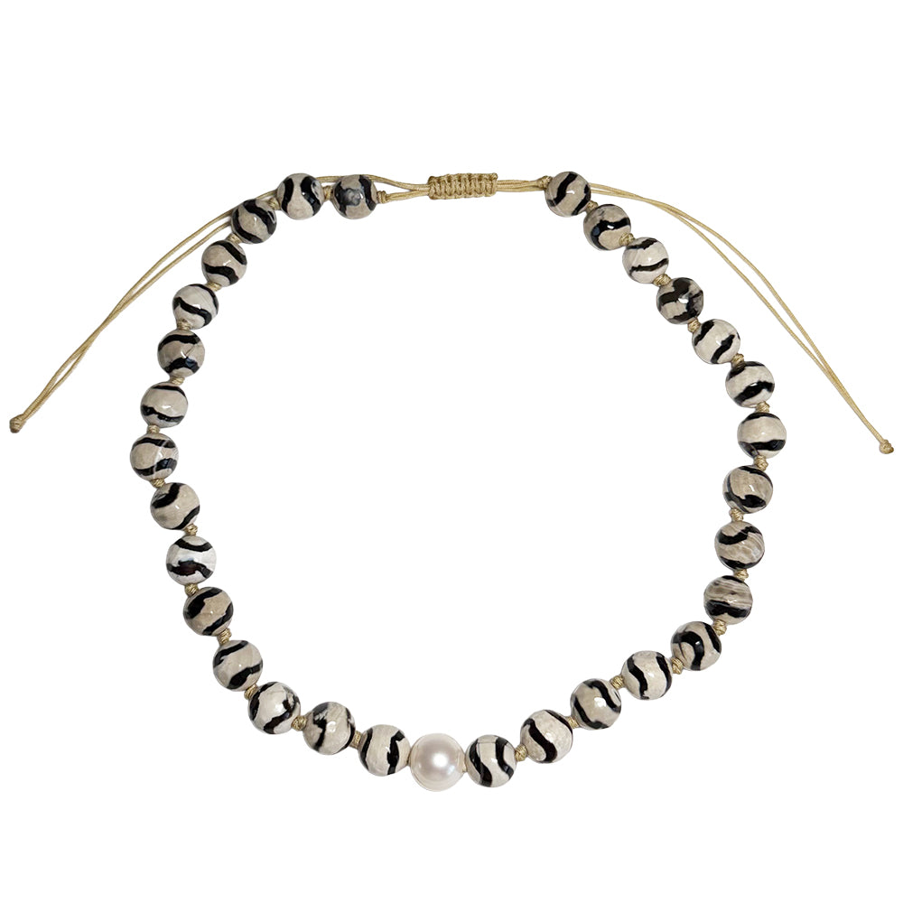 stripe agate & pearl cord necklace