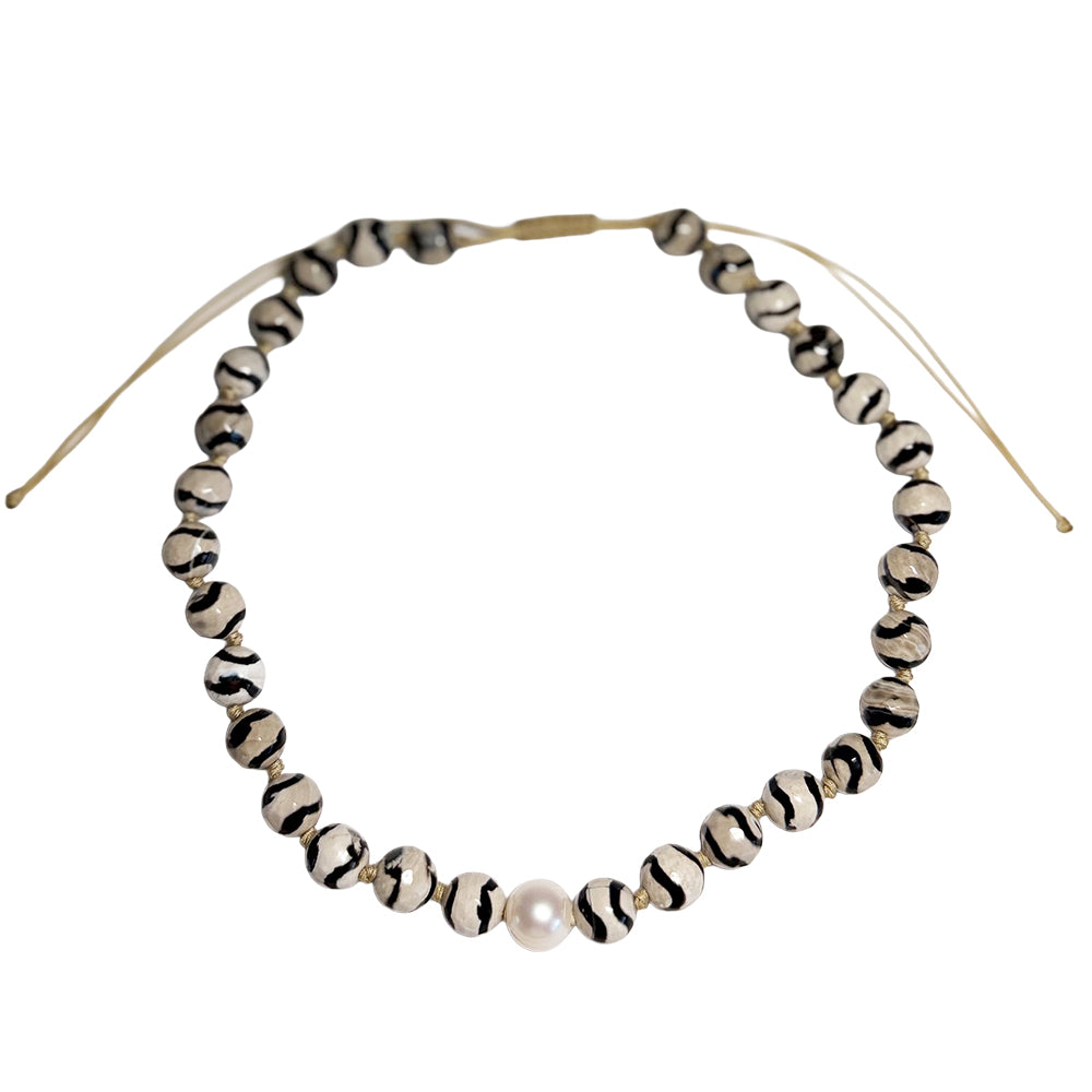 stripe agate & pearl cord necklace
