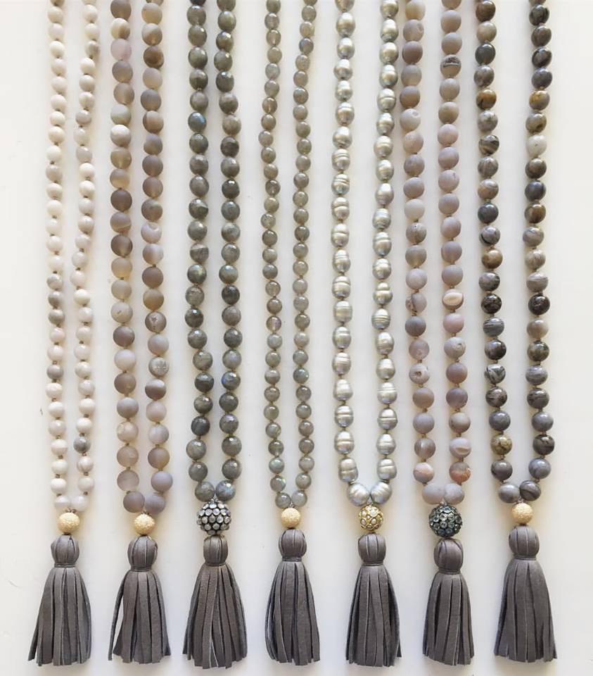flower agate & leather tassel