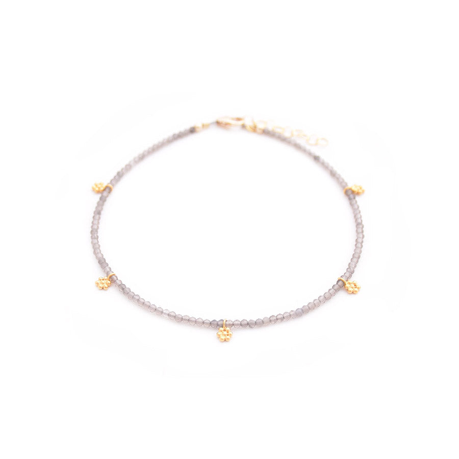 smoky quartz & gold flowers anklet